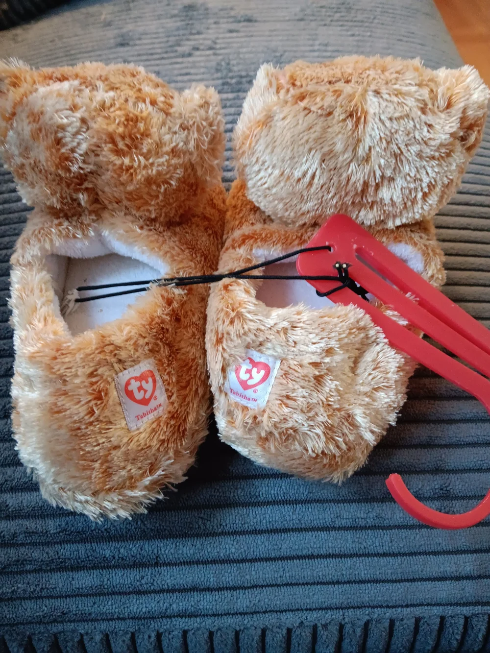 Ty Orange Plush Cat Slippers with White Chest and Pink Details